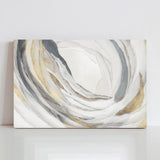 Abstract canvas print PI706-A, featuring swirling watercolor design in neutral tones of gray, gold, and white. Made in USA.