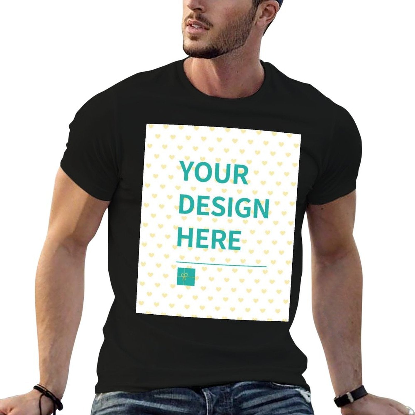 Customizable black cotton tee with 'YOUR DESIGN HERE' design, perfect for summer wear from MyArtsyGift
