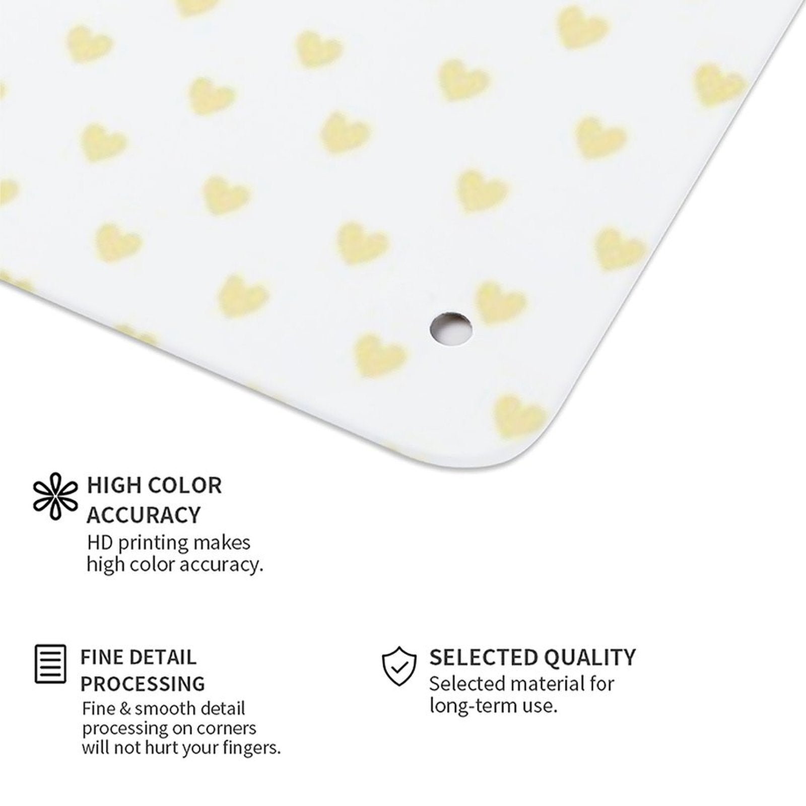Customizable product with yellow hearts design, features high color accuracy, fine detail processing, and selected quality.