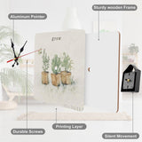 Square wooden wall clock with watercolor plants, featuring 'grow' text, silent movement, ideal for home or kitchen decor.