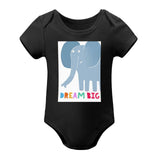 Unisex baby bodysuit with a blue elephant and the words "DREAM BIG" on a black bodysuit.