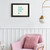 Custom canvas print with black frame and 'YOUR DESIGN HERE' text, personalized wall art for home decor