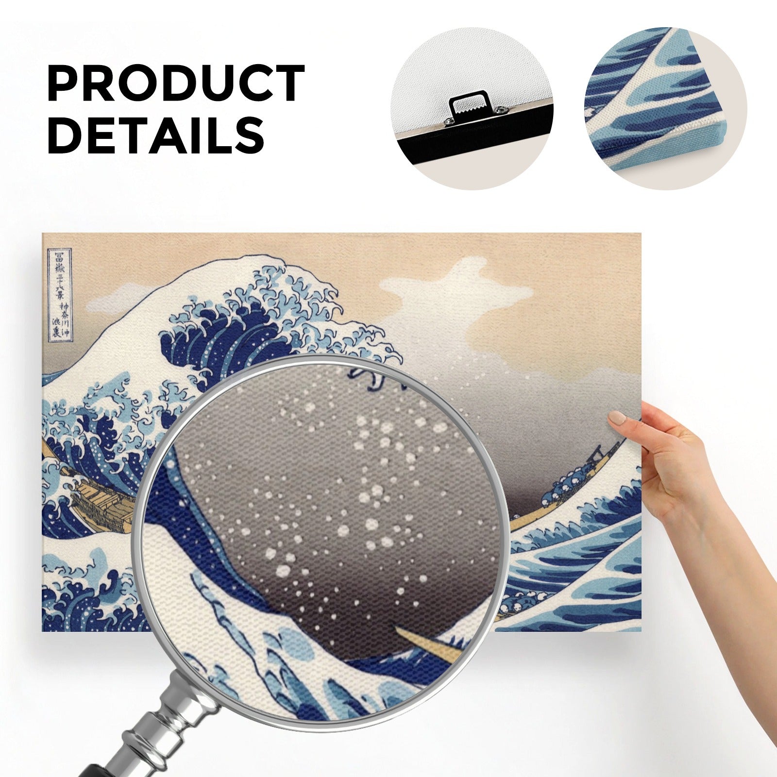 The Great Wave off Kanagawa canvas print, close-up texture, product details, Japanese art gift idea