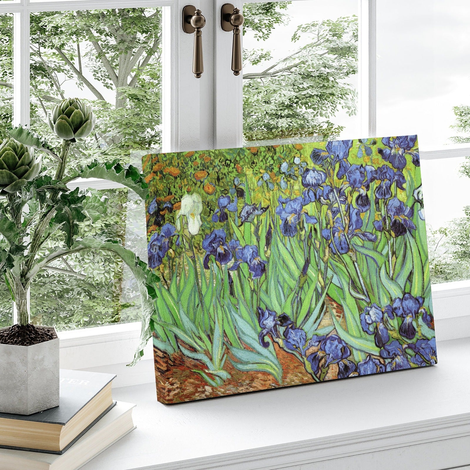 Scenery Canvas Print featuring Van Gogh's Irises, vibrant blue and green hues, home decor art.