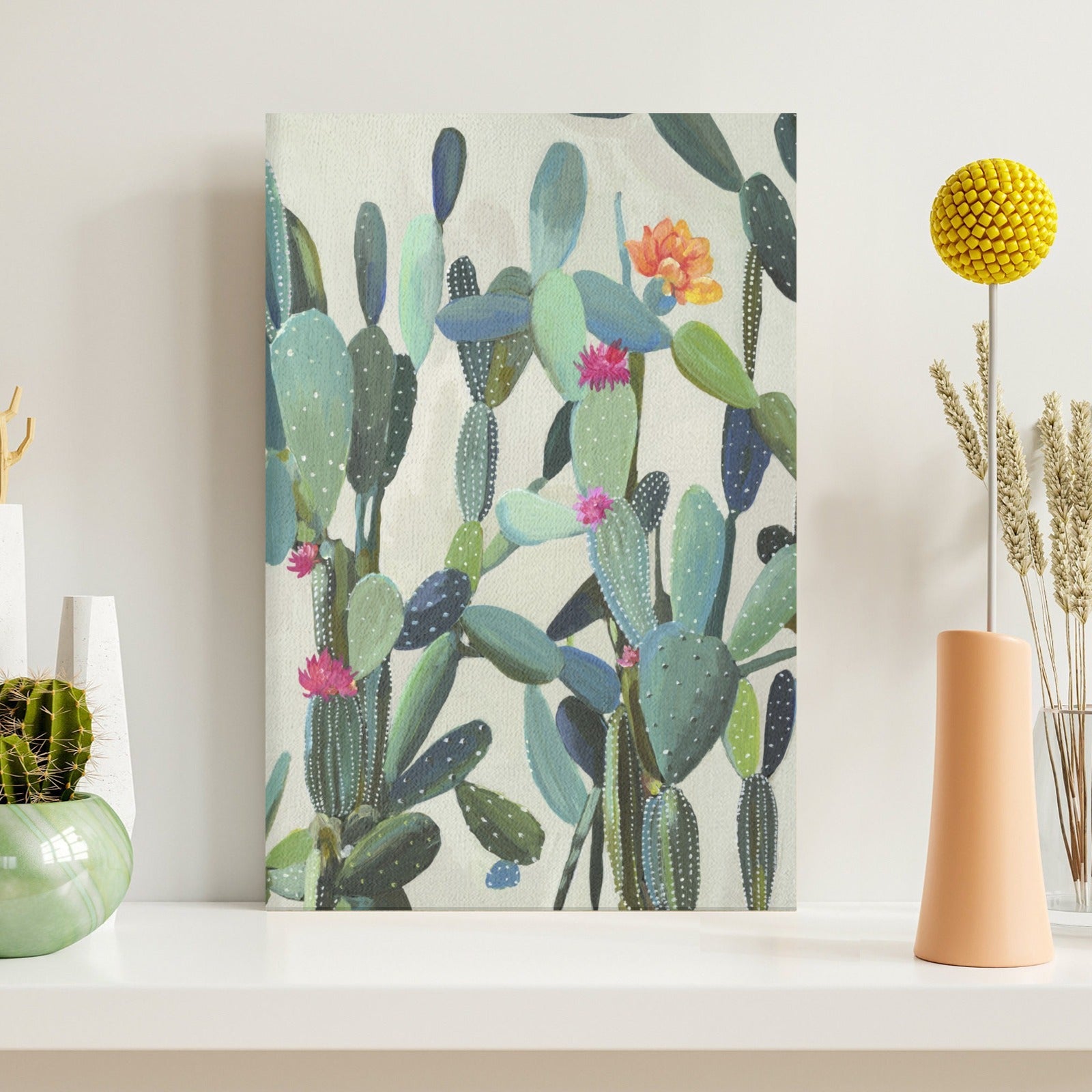 Cactus canvas art print for wall decor, with watercolor style succulent plants, minimalist design for home or office.