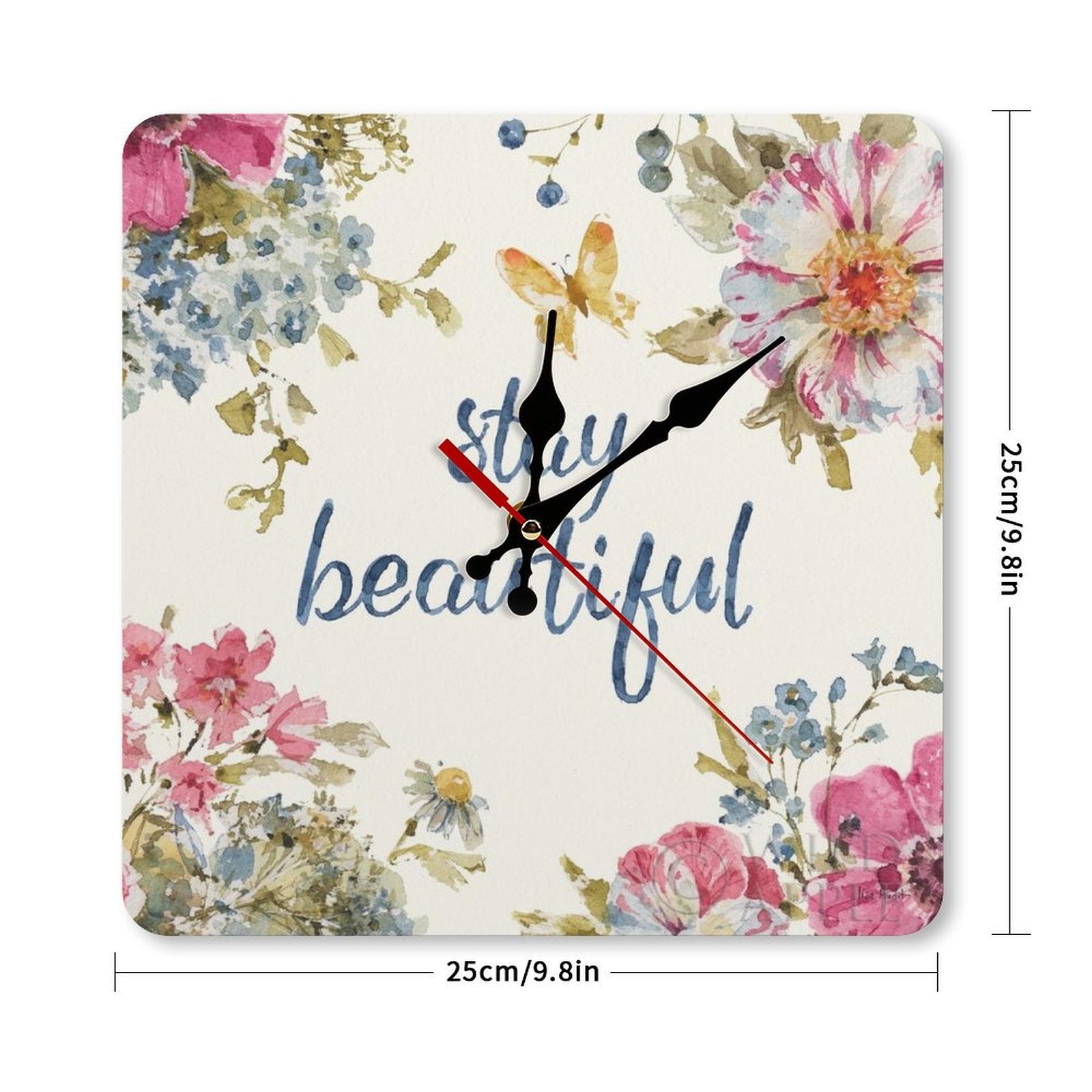 Floral square wall clock with 'stay beautiful' text. Home or kitchen decor, a perfect personalized housewarming gift.