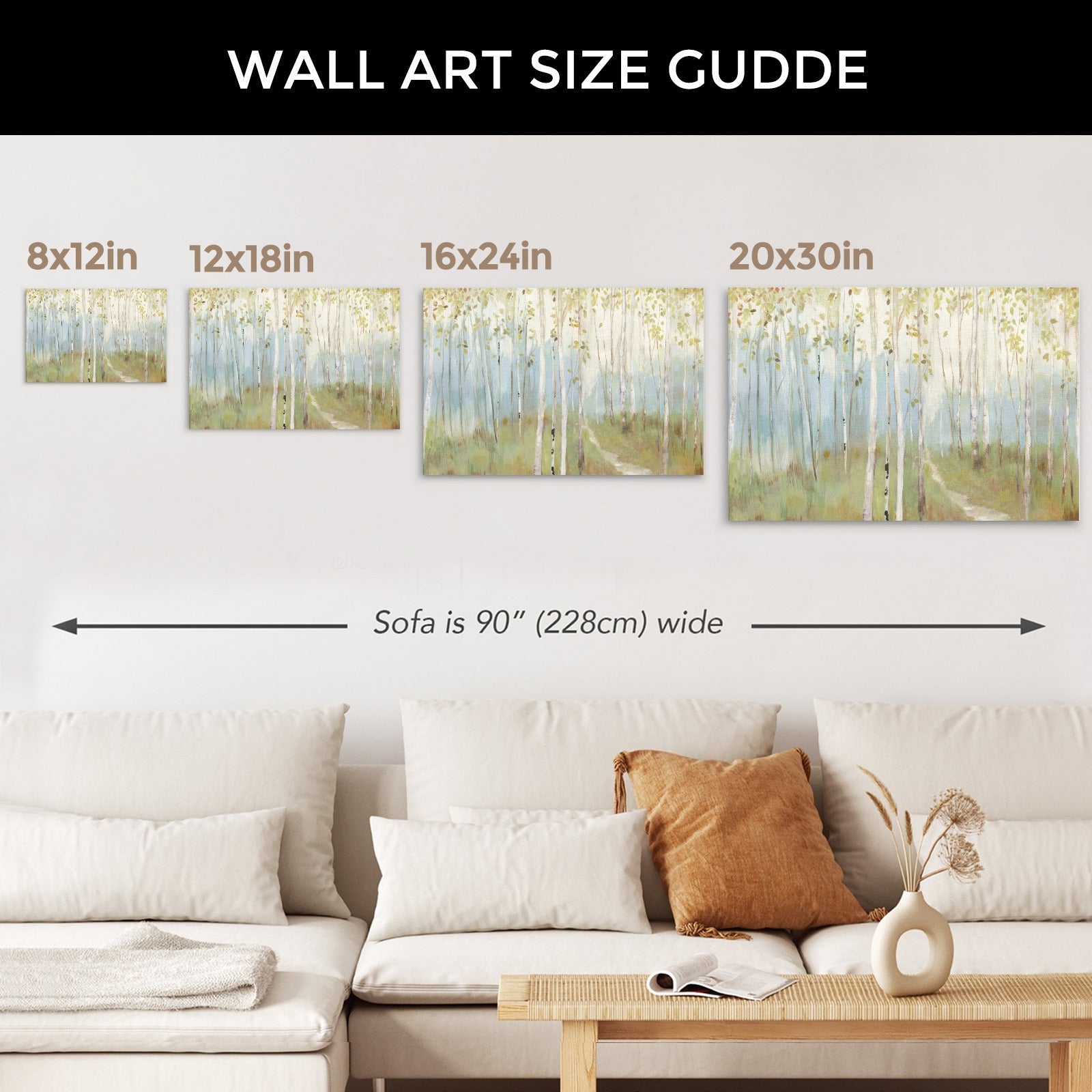 Canvas art print size guide, showcasing birch tree artwork in various sizes. A sofa is shown with a 90-inch width for scale.
