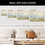 Canvas art print size guide, showcasing birch tree artwork in various sizes. A sofa is shown with a 90-inch width for scale.