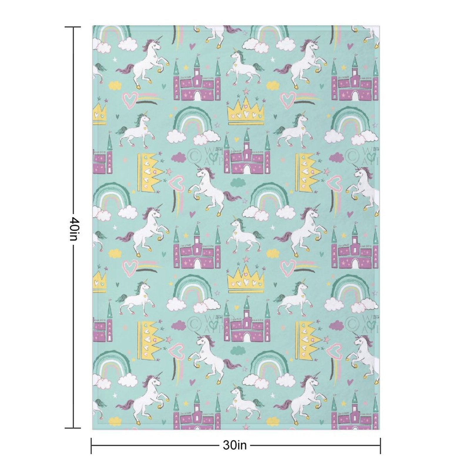 Rainbow Dream Fleece Blanket with unicorns, castles, and rainbows. Soft, cozy, and warm for bed, sofa, or travel.