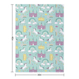 Rainbow Dream Fleece Blanket with unicorns, castles, and rainbows. Soft, cozy, and warm for bed, sofa, or travel.