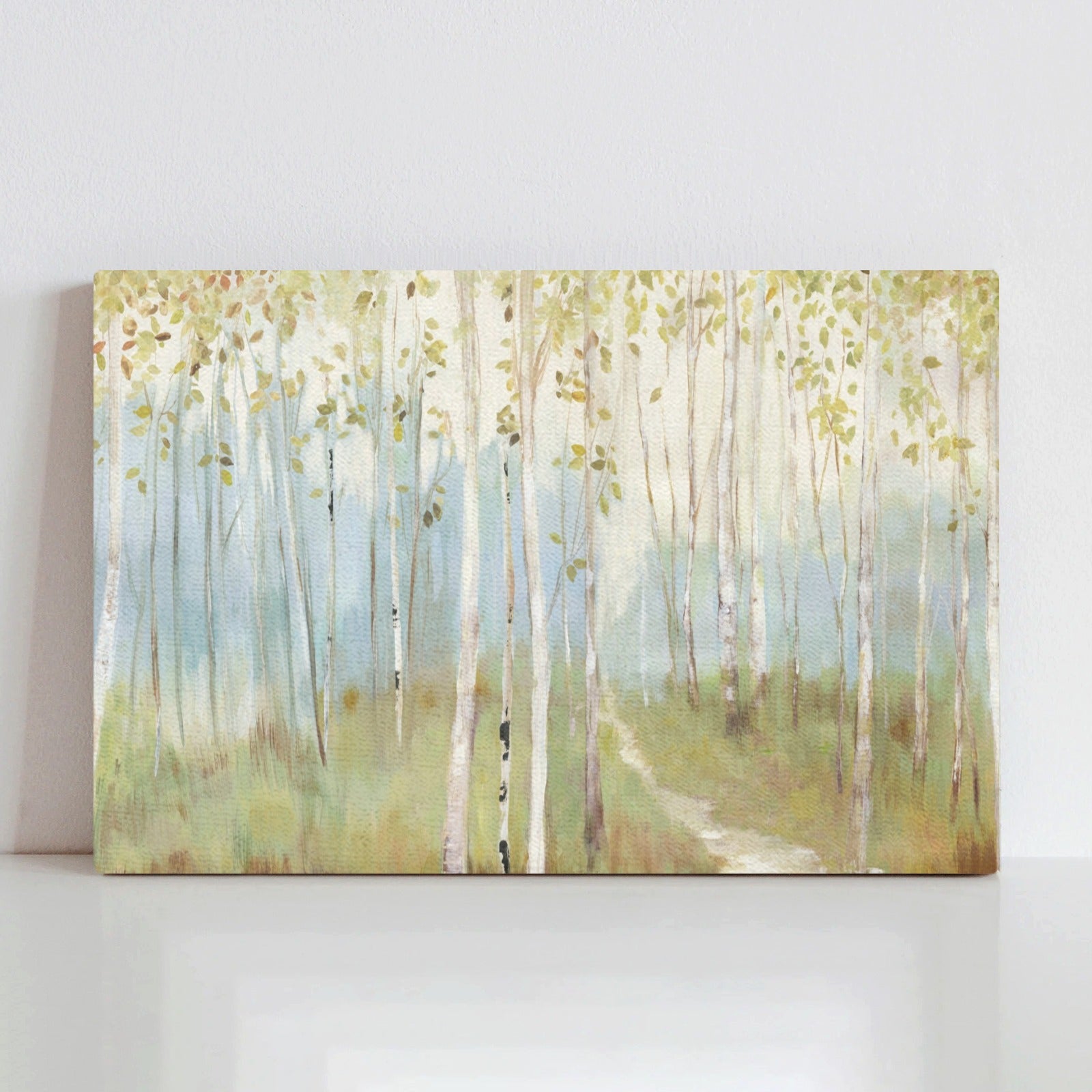 Canvas art print of birch trees with a path through the forest.
