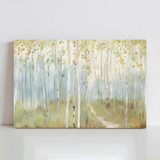 Canvas art print of birch trees with a path through the forest.