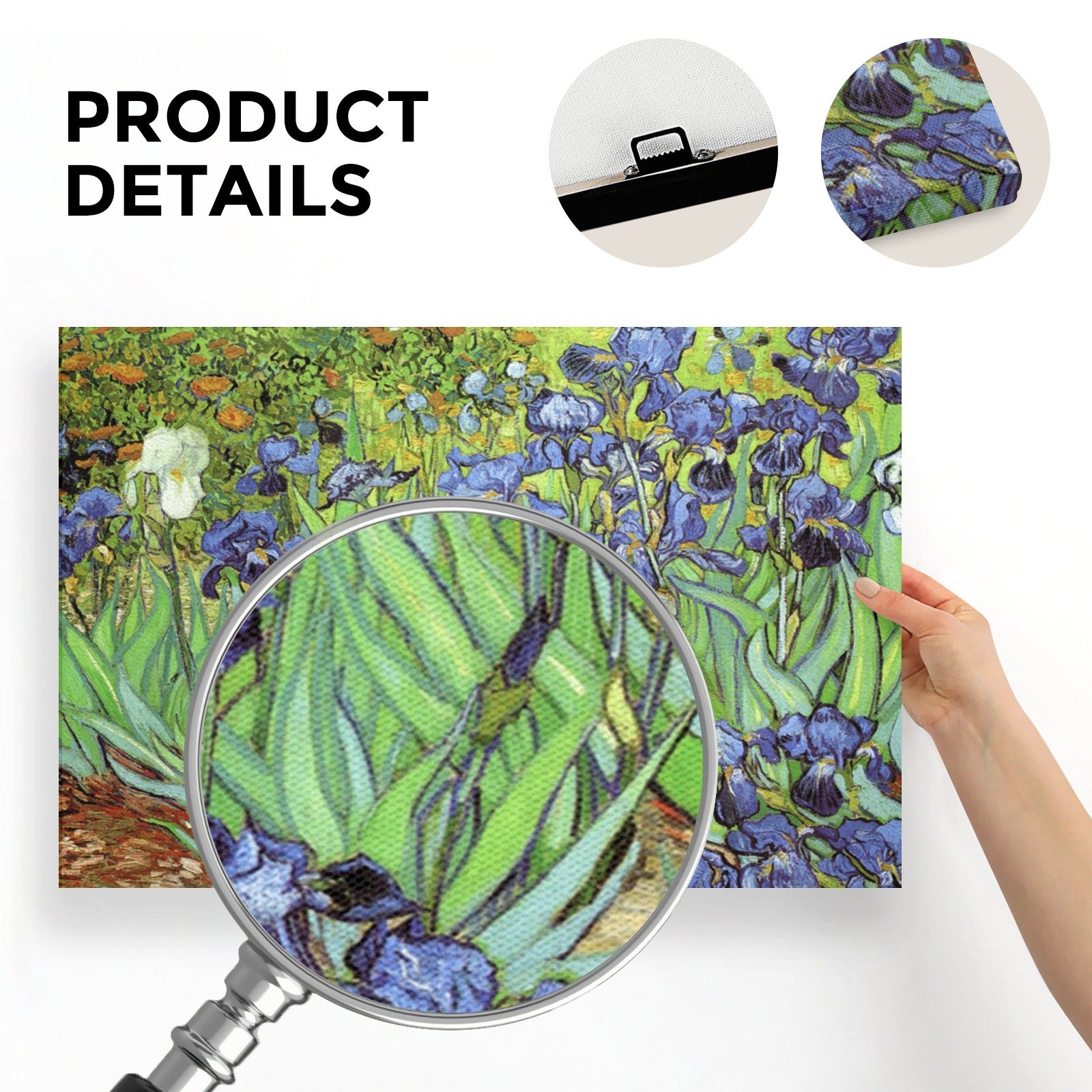 Van Gogh Irises canvas print, 80x60cm, vibrant blue and green, product details, MyArtsyGift