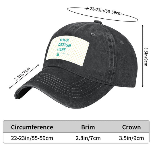 Custom denim hat with personalized design area, measurements included. Perfect for outdoor activities and personalized gifts.