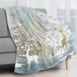 Blue Winter Forest Deer Flannel Blanket for Sofa Couch Bed Made In USA