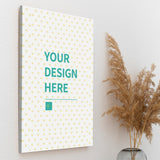 Custom canvas print mockup with "YOUR DESIGN HERE" text, personalized wall art, heart pattern background on canvas
