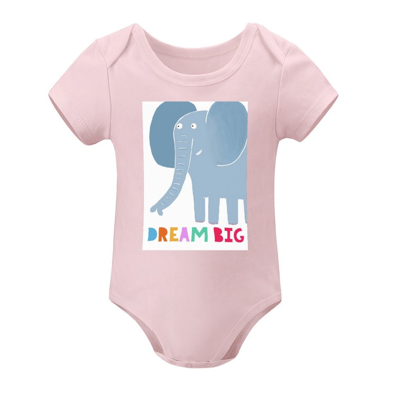 Pink baby bodysuit with a blue elephant and "DREAM BIG" design; soft cotton MyArtsyGift clothing