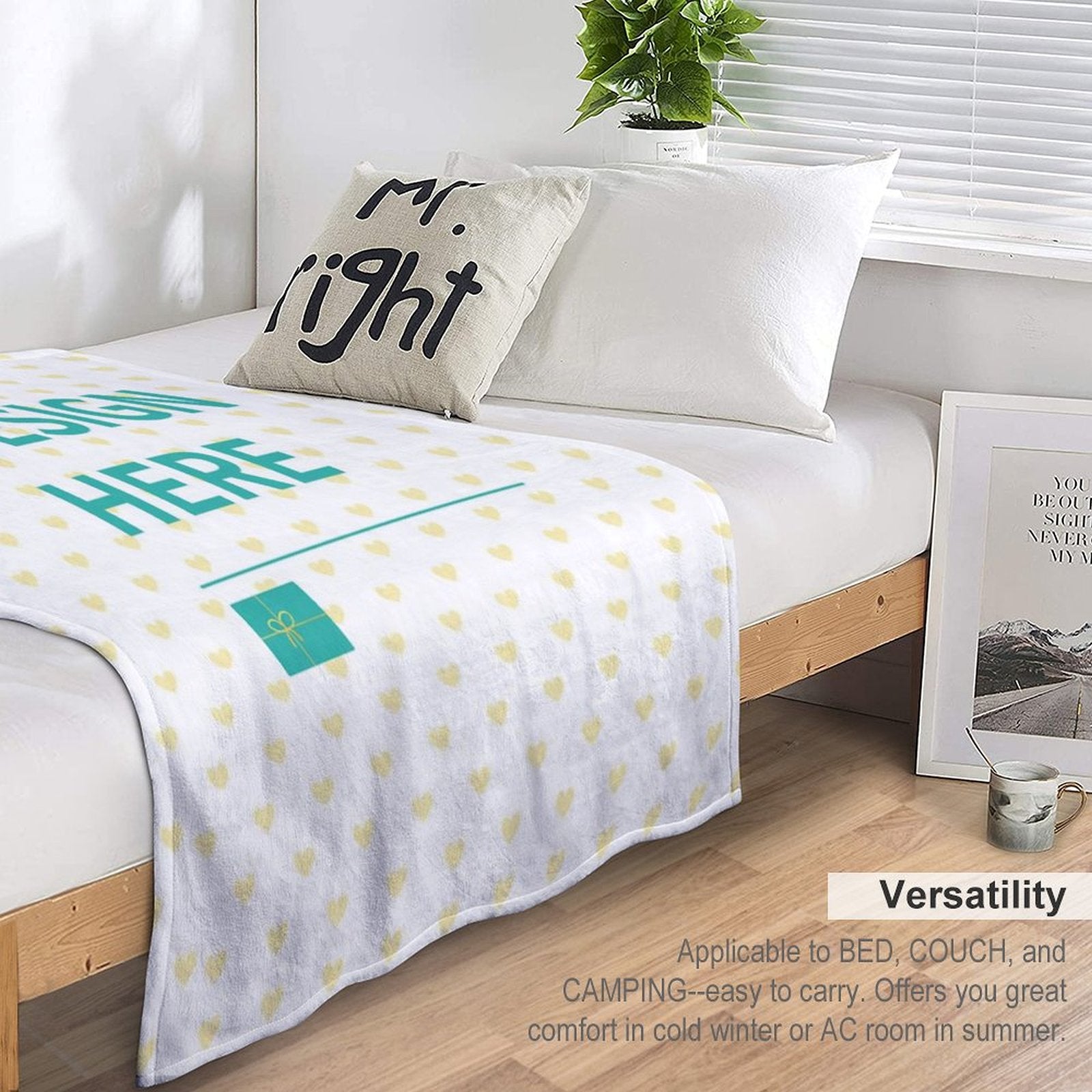 Personalized fleece blanket with 'DESIGN HERE', soft and warm, ideal for bed or travel, MyArtsyGift