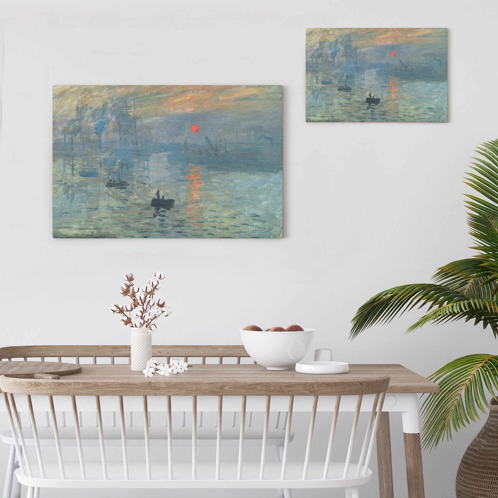 Monet's Sunrise Beach Canvas Prints, framed art of water scene, wall art on table.