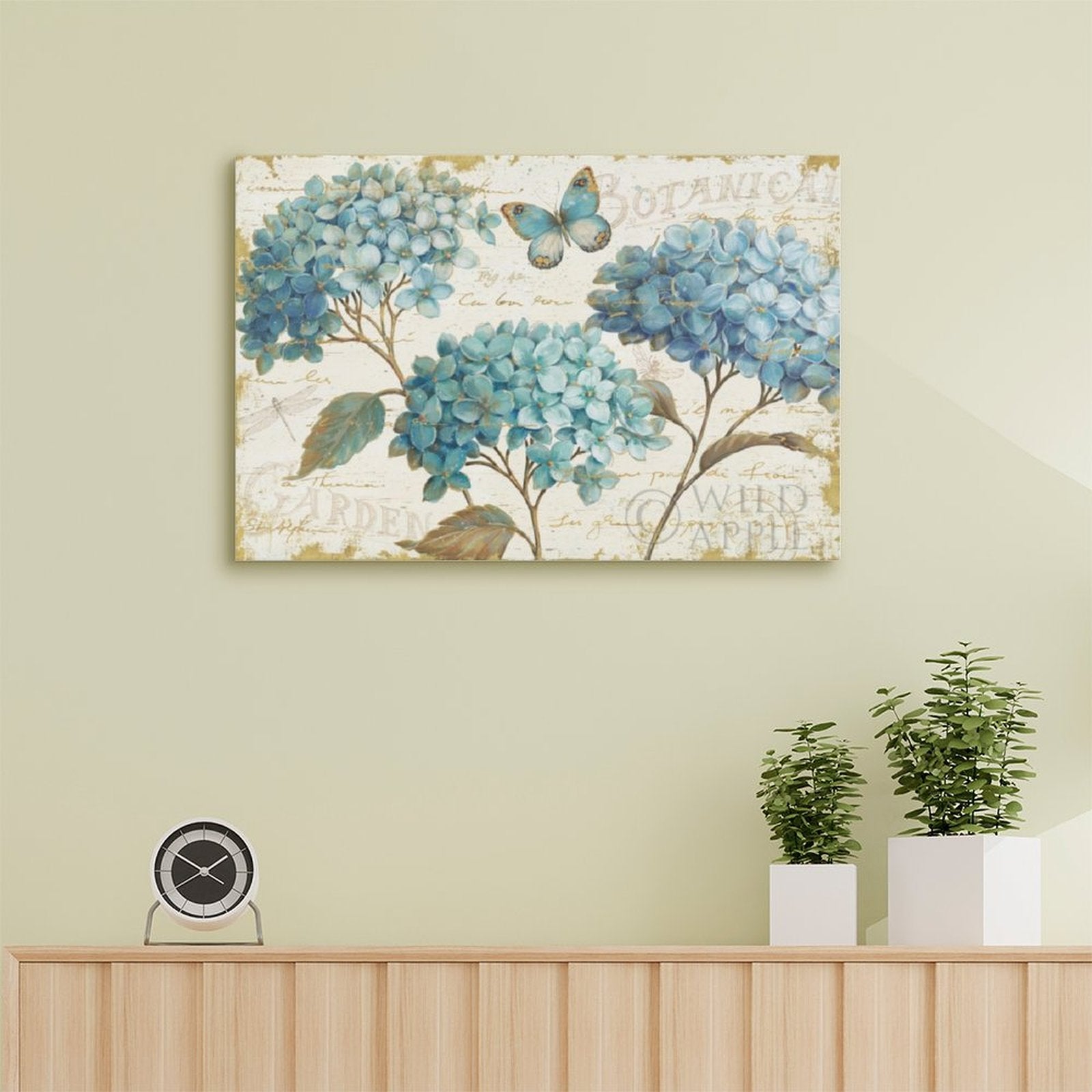 Blue hydrangea canvas print wall art for family. Botanical design with butterfly, canvas print with text 'Botanical Garden'.