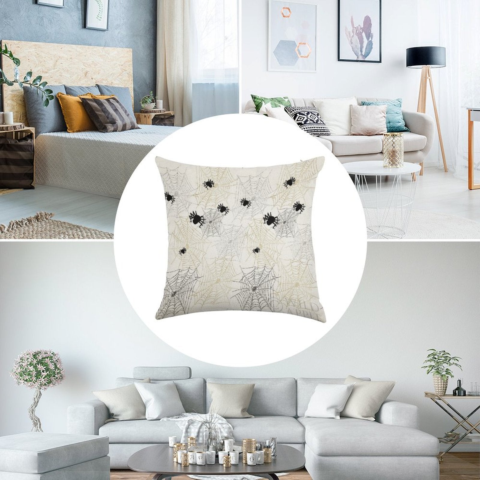 Linen throw pillow case set of 2 featuring spider web design for Halloween, perfect for living room decor