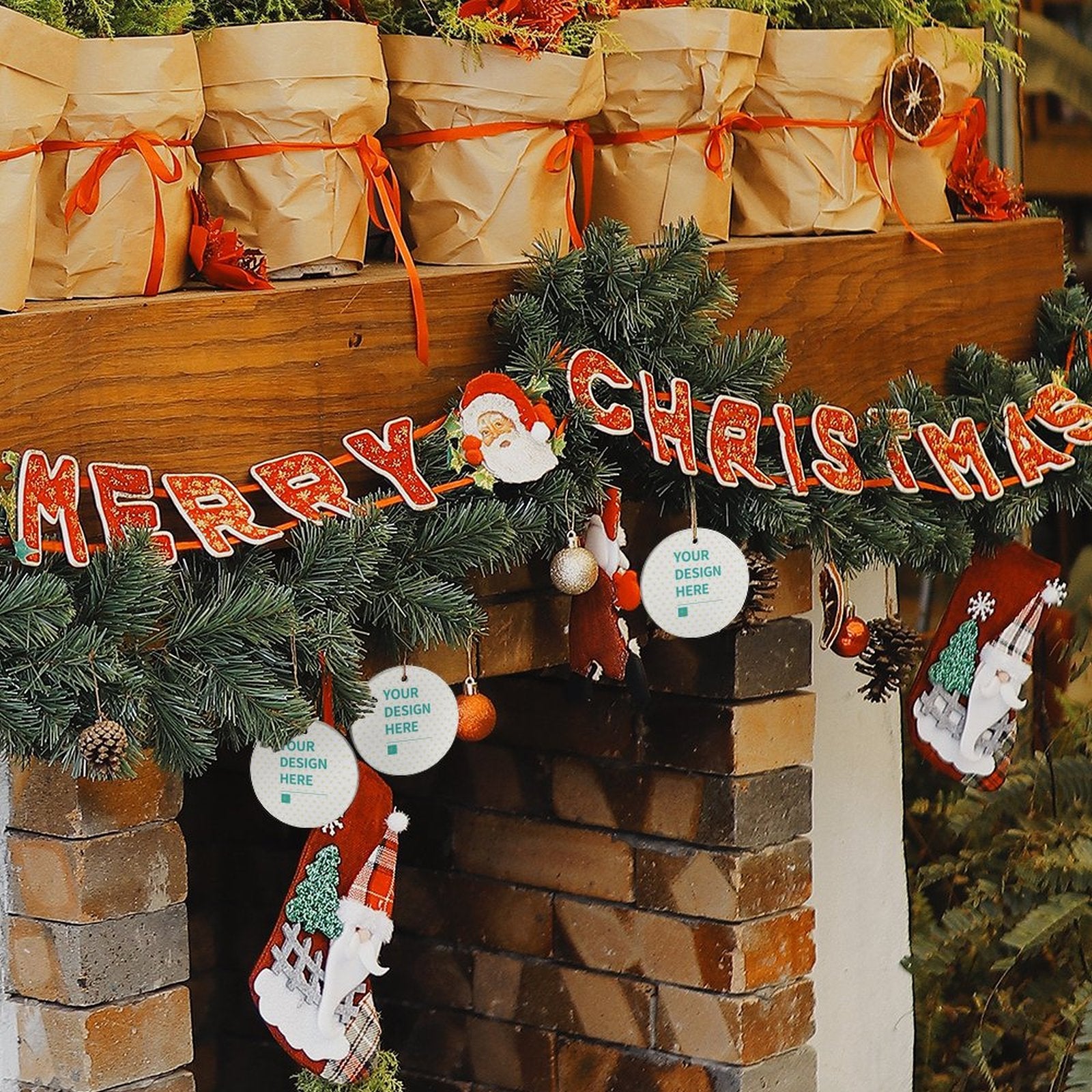 Personalized round Christmas ornaments with 'Your Design Here', festive decor.