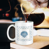 Customizable white ceramic coffee mug with blue seashell design; Personalized gift; Ceramic mug; MyArtsyGift.com