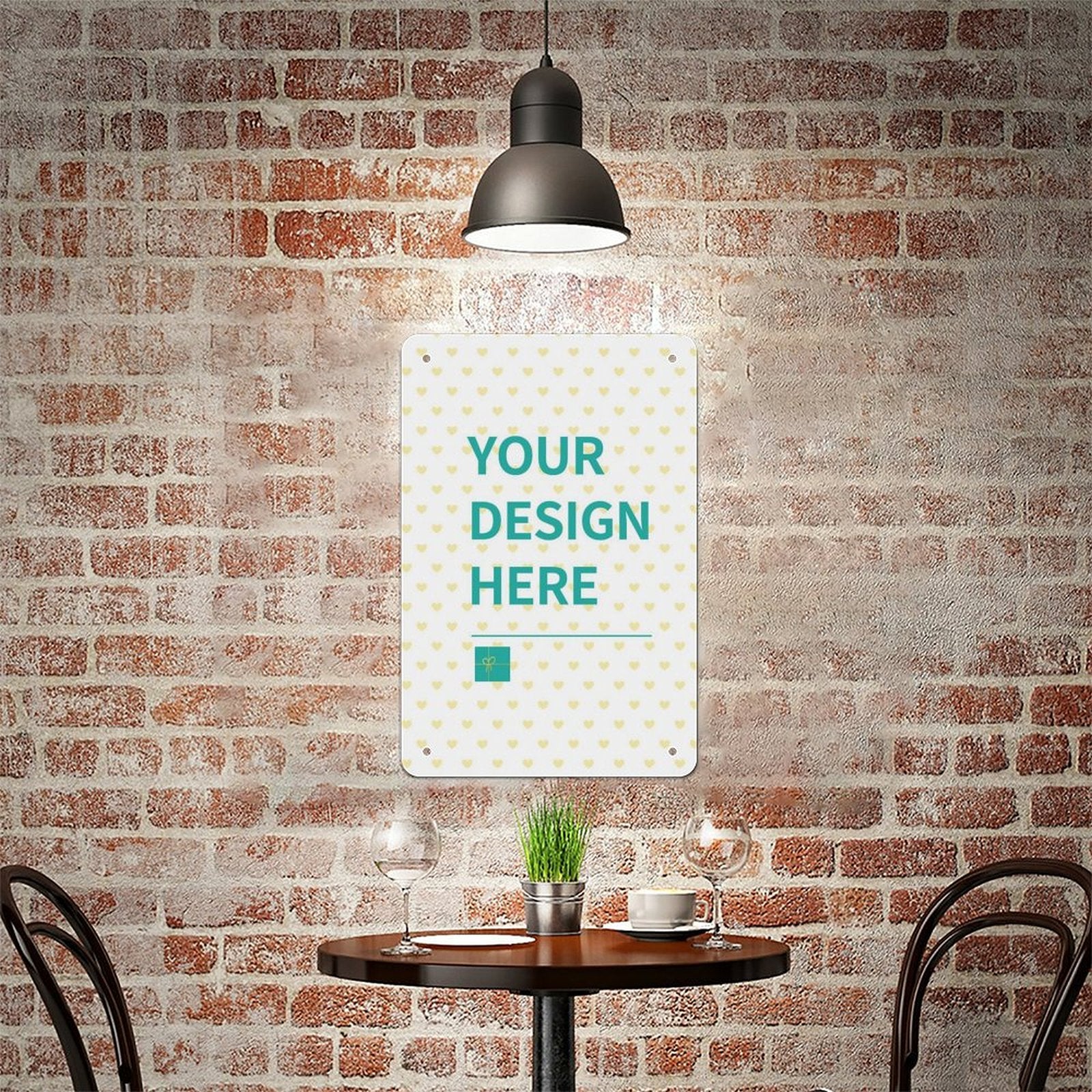 Customizable metal tin sign with YOUR DESIGN HERE text, perfect for cafe decor, made in USA.