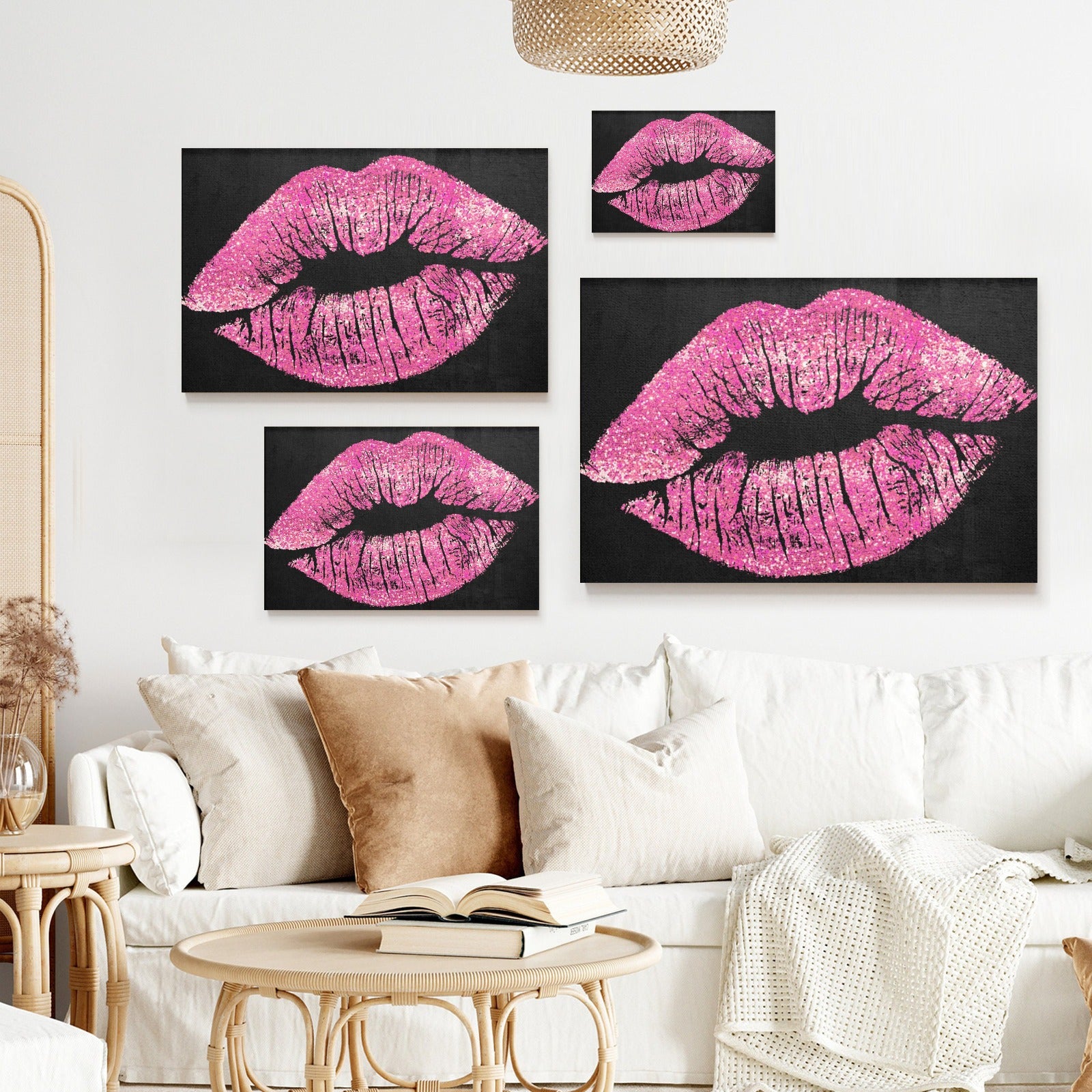 Pink kiss canvas print set, glitter lips art, black background, made in USA, wall decor for living room