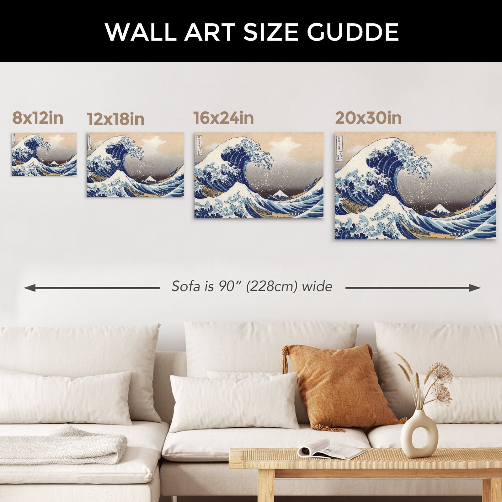 The Great Wave off Kanagawa canvas print size guide. Available sizes: 8x12in, 12x18in, 16x24in, 20x30in. Japanese art decor.