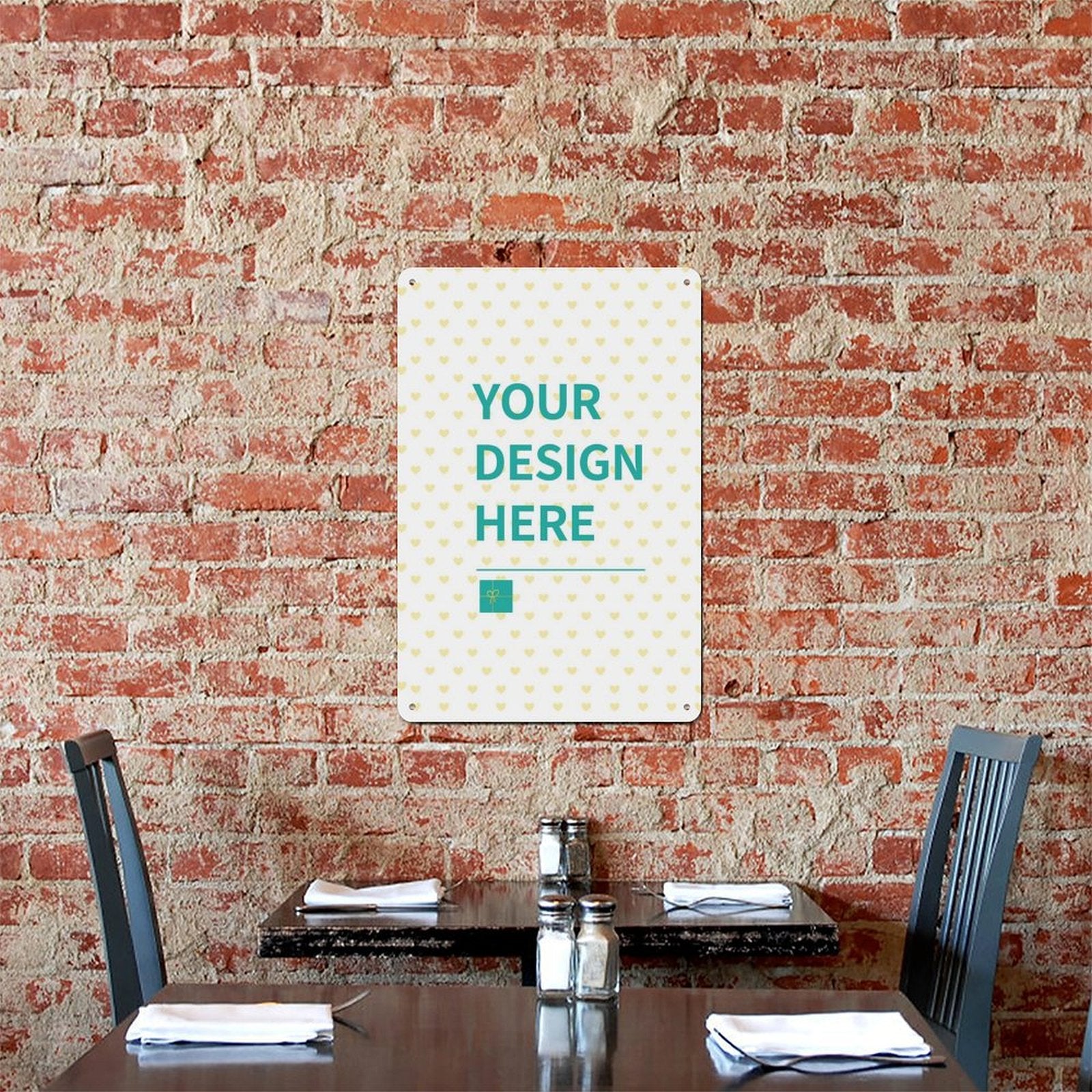 Customizable aluminum plaque with "YOUR DESIGN HERE" for restaurants or home decor; Made in USA