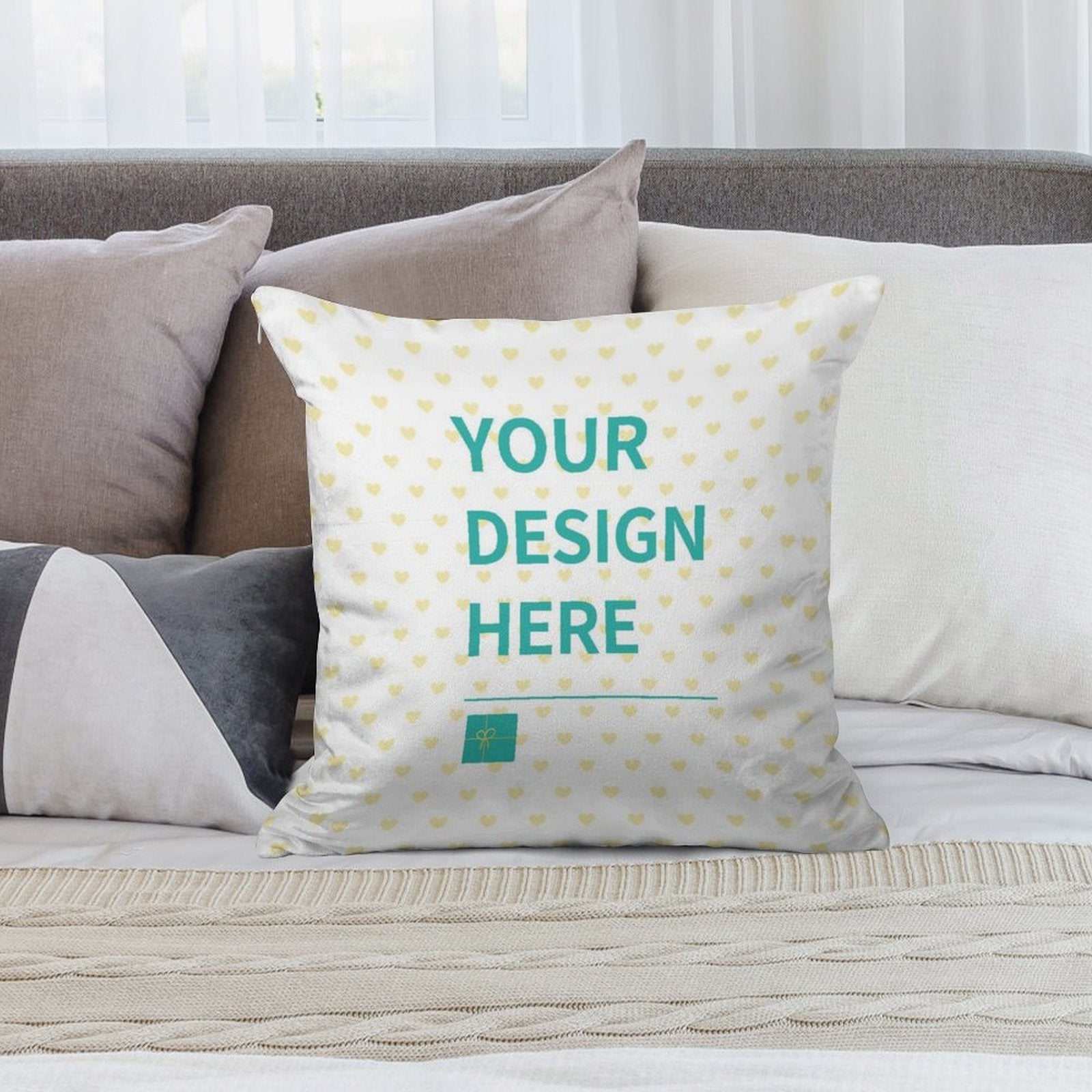 Personalized golden velvet pillowcase set for living room, featuring 'YOUR DESIGN HERE' and heart pattern.
