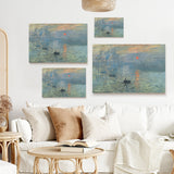 Monet's Sunrise Beach Canvas Prints in various sizes above a sofa, wall art home decor.