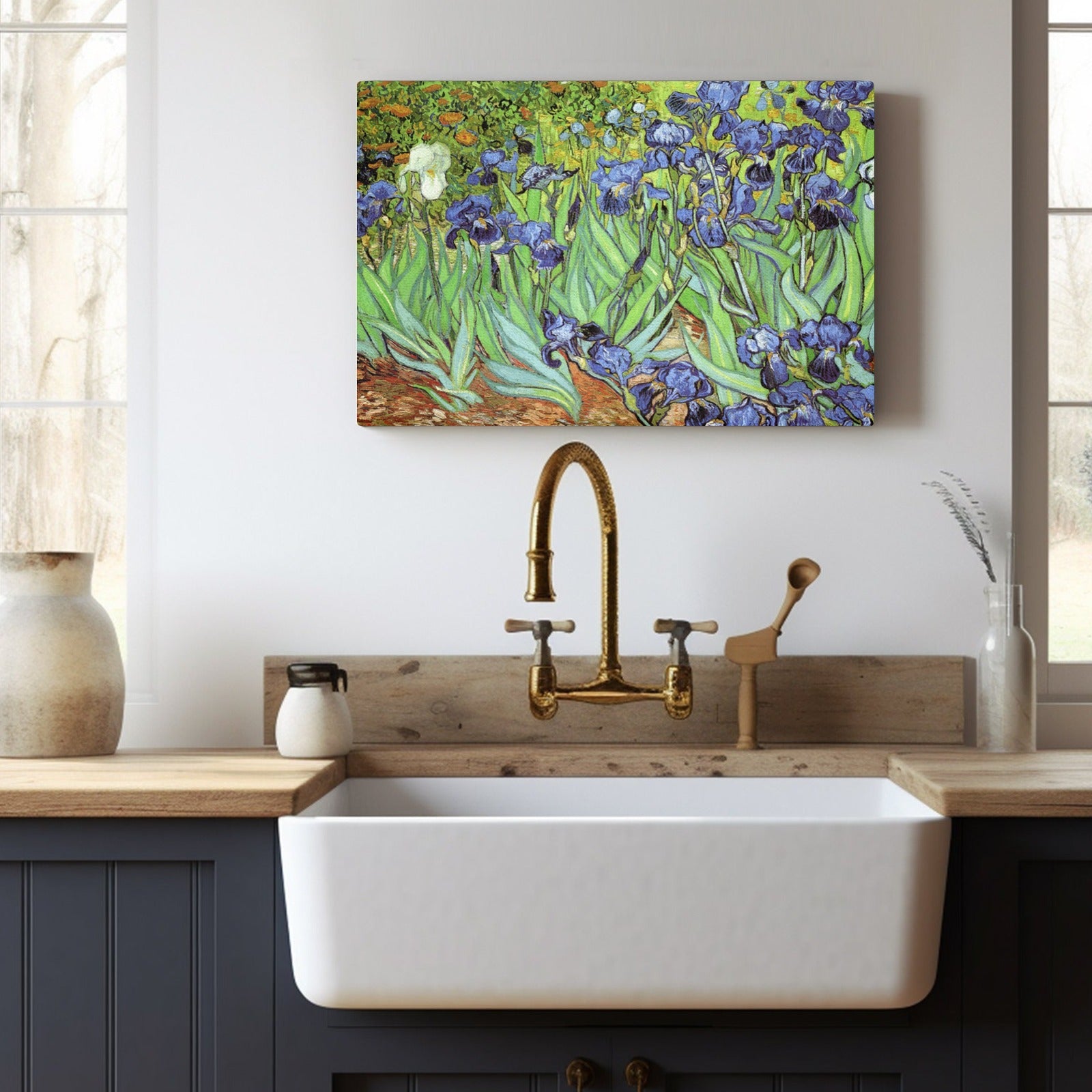 Van Gogh Irises canvas print, displayed above a kitchen sink, home decor artwork, MyArtsyGift