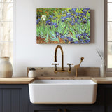 Van Gogh Irises canvas print, displayed above a kitchen sink, home decor artwork, MyArtsyGift