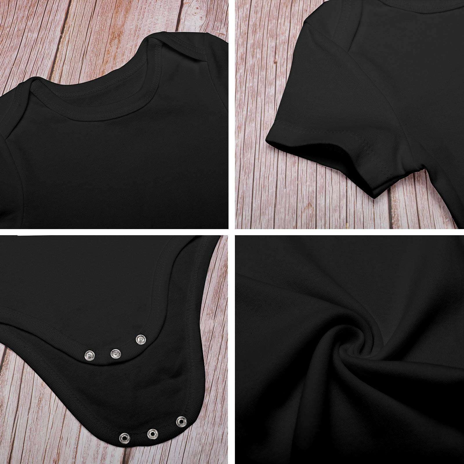 MyArtsyGift black baby bodysuit. Soft cotton fabric, details of neckline, button closure, and fabric.