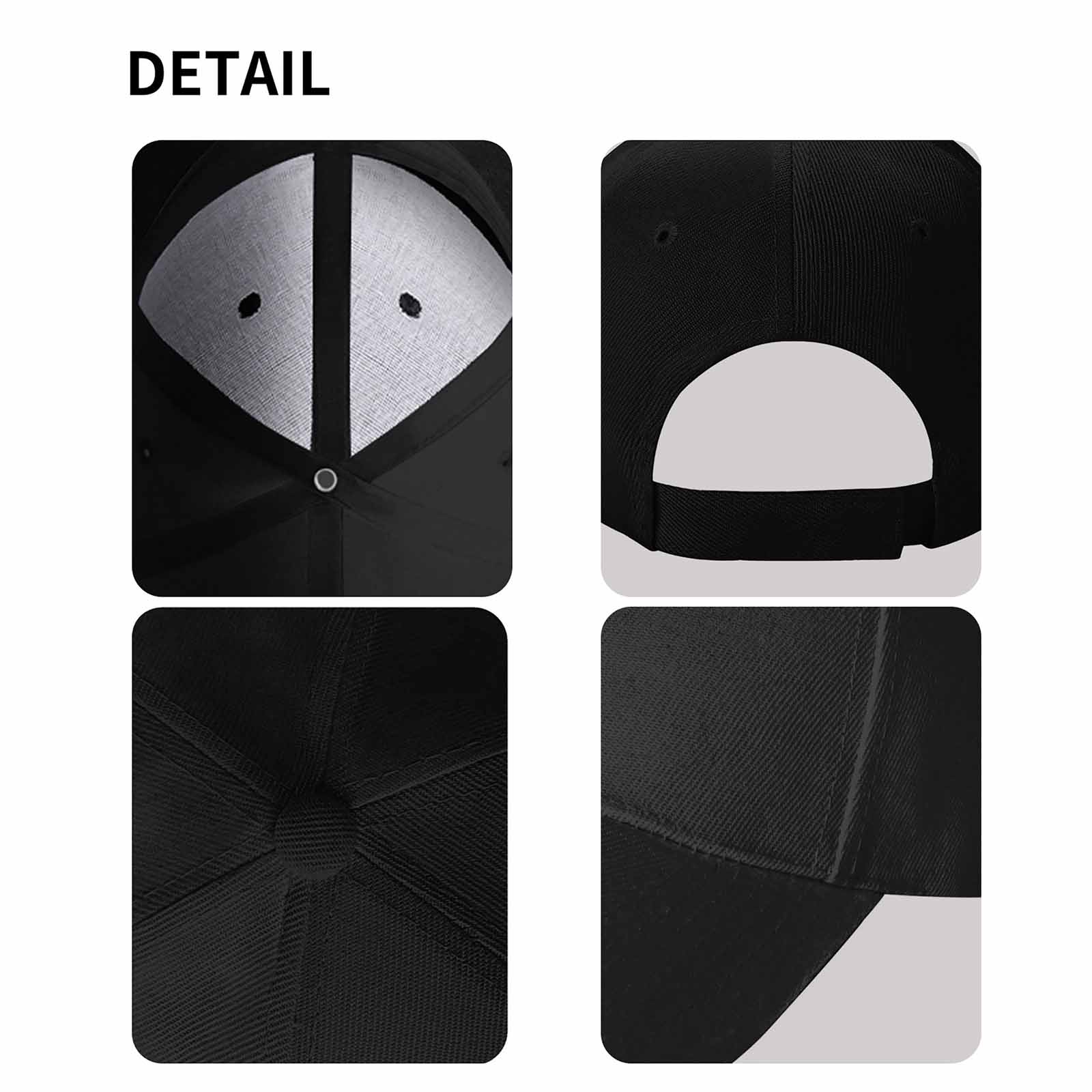 Black baseball cap hat detail view showing the cap's features, suitable for personalized gifts