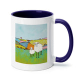 White ceramic mug with sheep art, navy interior and handle, perfect gift from MyArtsyGift, Wild Apple design.