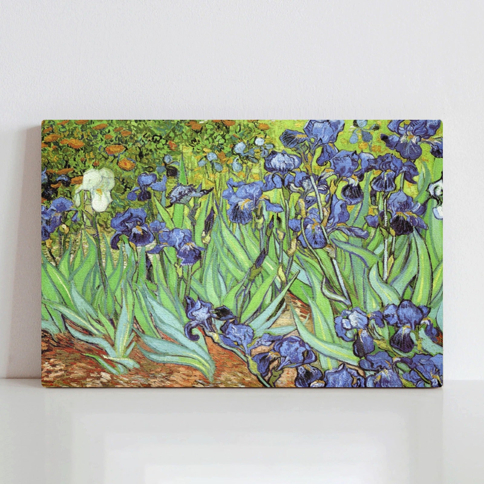 80x60cm Canvas Print of Van Gogh's Irises, featuring vibrant blue and green hues, a classic art piece for home decor.