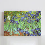 80x60cm Canvas Print of Van Gogh's Irises, featuring vibrant blue and green hues, a classic art piece for home decor.