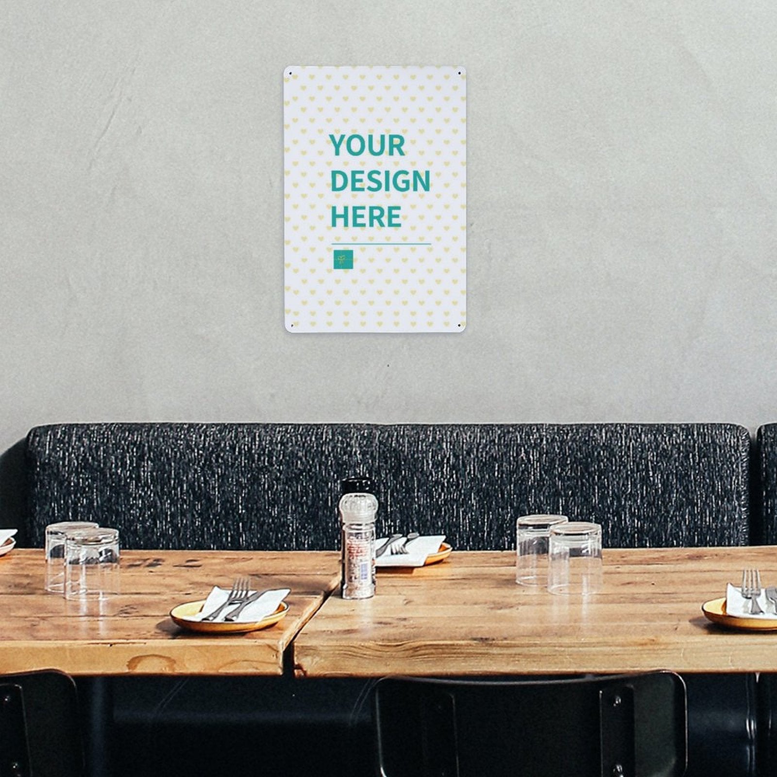 Custom aluminum sign with 'YOUR DESIGN HERE' text, perfect for personalized home decor or restaurant display.