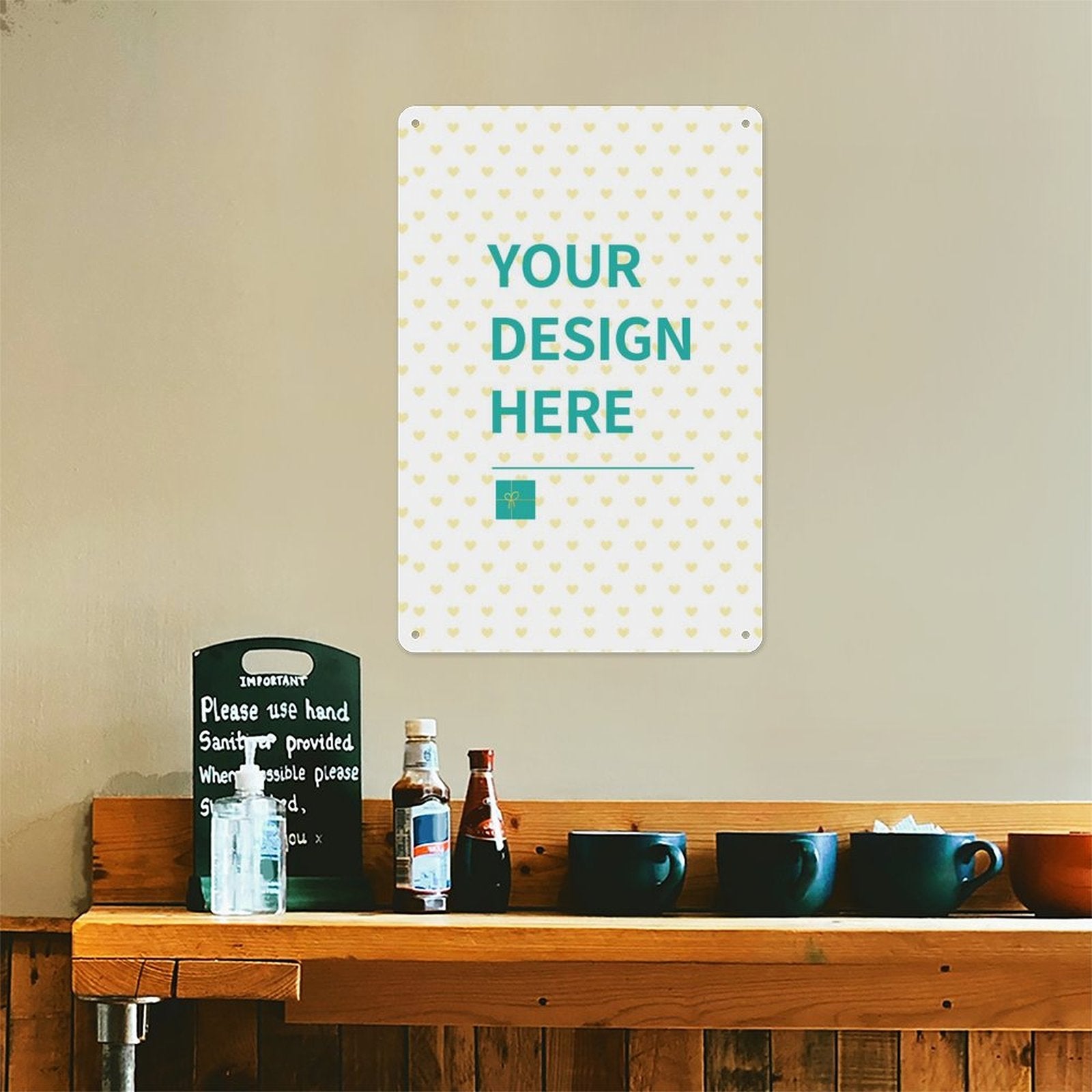 Customizable aluminum plaque with "YOUR DESIGN HERE", ideal for gifts and home decor. Durable and stylish.