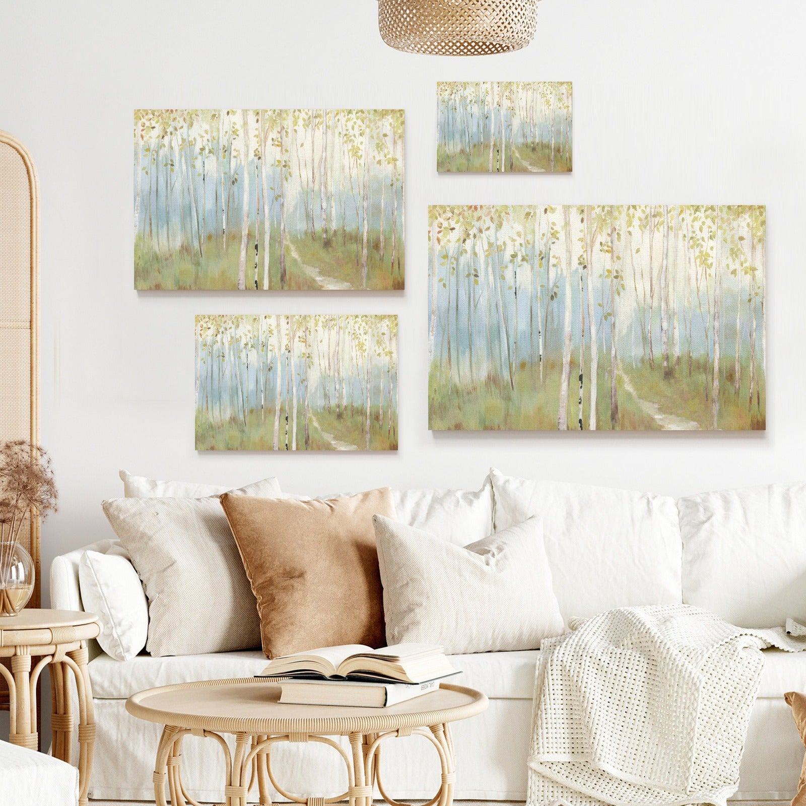 Birch tree forest canvas art prints in a living room setting, made in USA, perfect wall art for home decor, MyArtsyGift