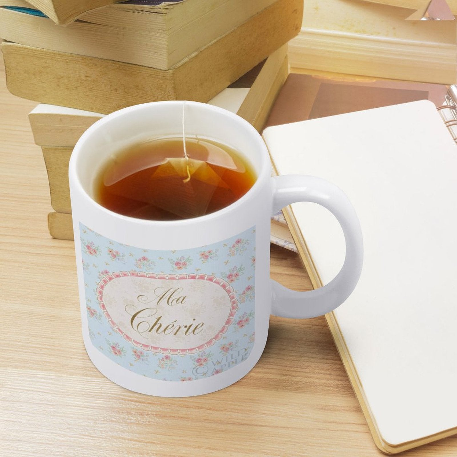 White ceramic Ma Chérie mug with floral design, perfect for gifting, Spring Fling.