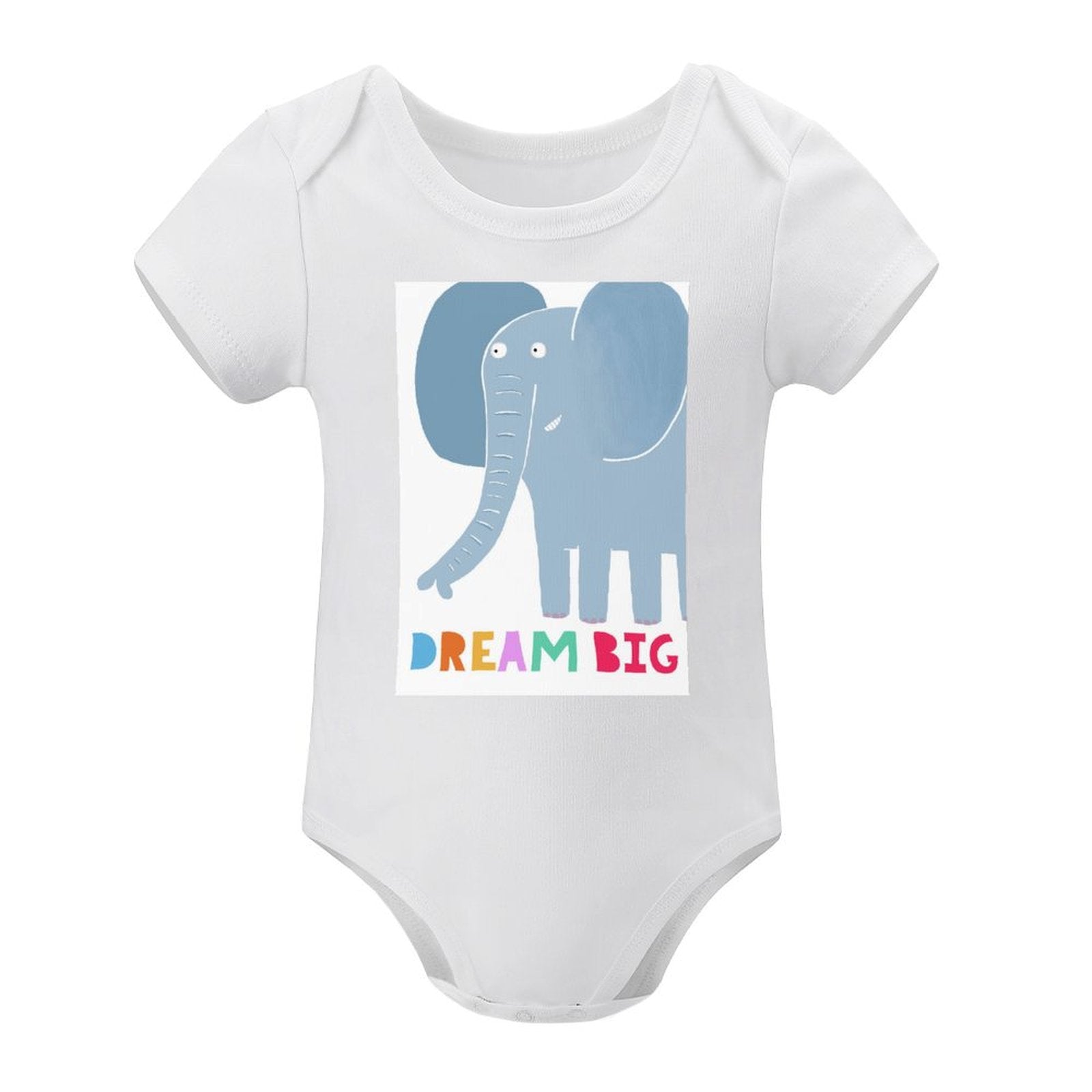 White cotton baby bodysuit with blue elephant Dream Big design, MyArtsyGift baby clothes.