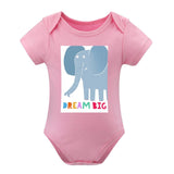 Pink baby bodysuit with blue elephant and Dream Big design, MyArtsyGift clothing, soft cotton.