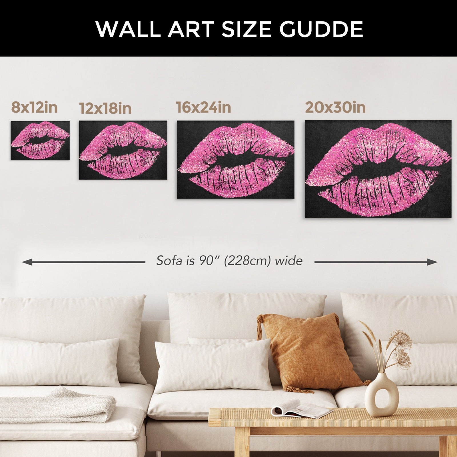 Pink Kiss canvas art size guide, USA made, featuring glitter lips on black, ideal for wall decor and gifting.