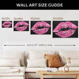 Pink Kiss canvas art size guide, USA made, featuring glitter lips on black, ideal for wall decor and gifting.