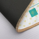 Custom floor mat detail: anti-slip backing, heart pattern, gift box design, perfect for bedroom or bathroom.