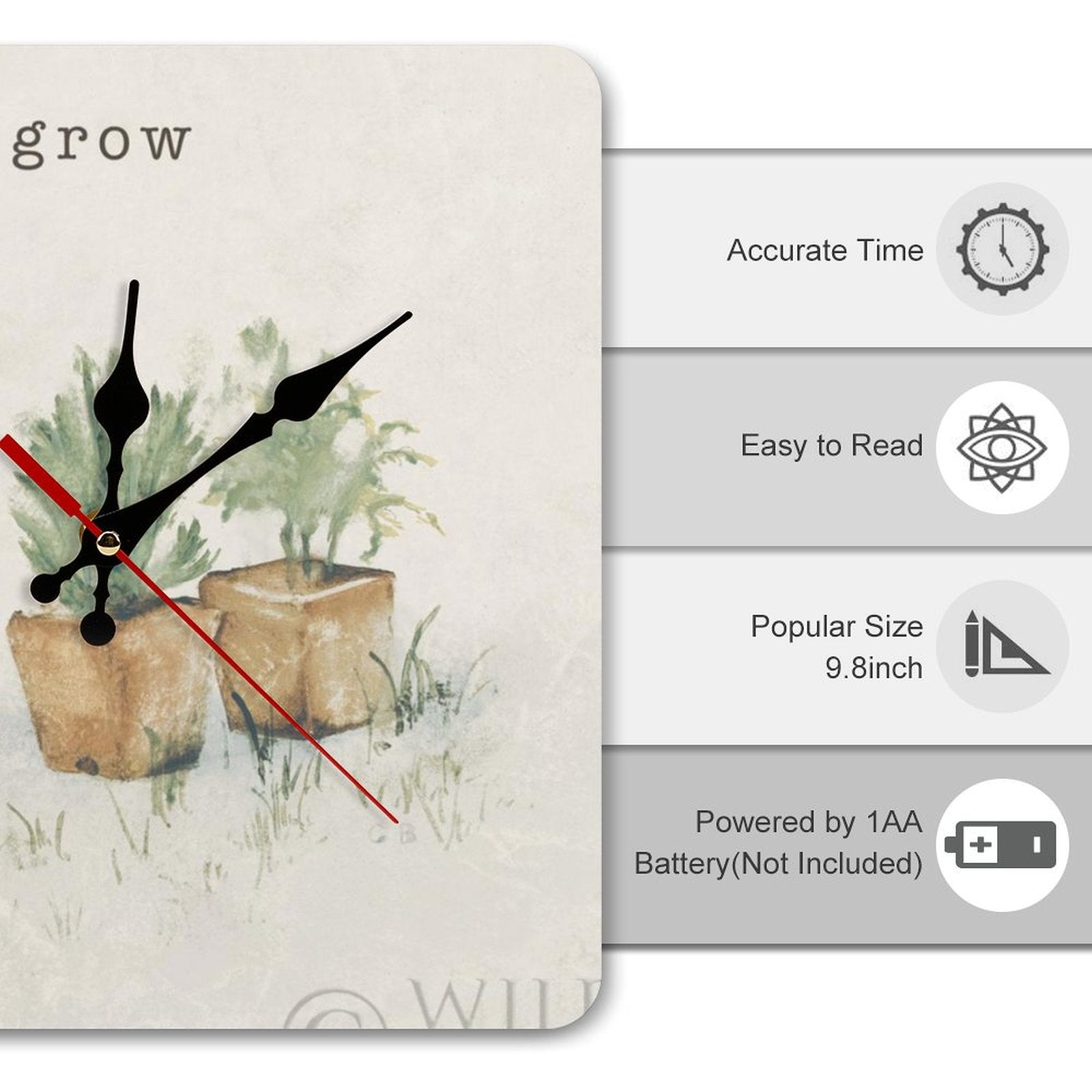 Square wooden wall clock with watercolor plants and 'grow' text; ideal for home or kitchen decor.